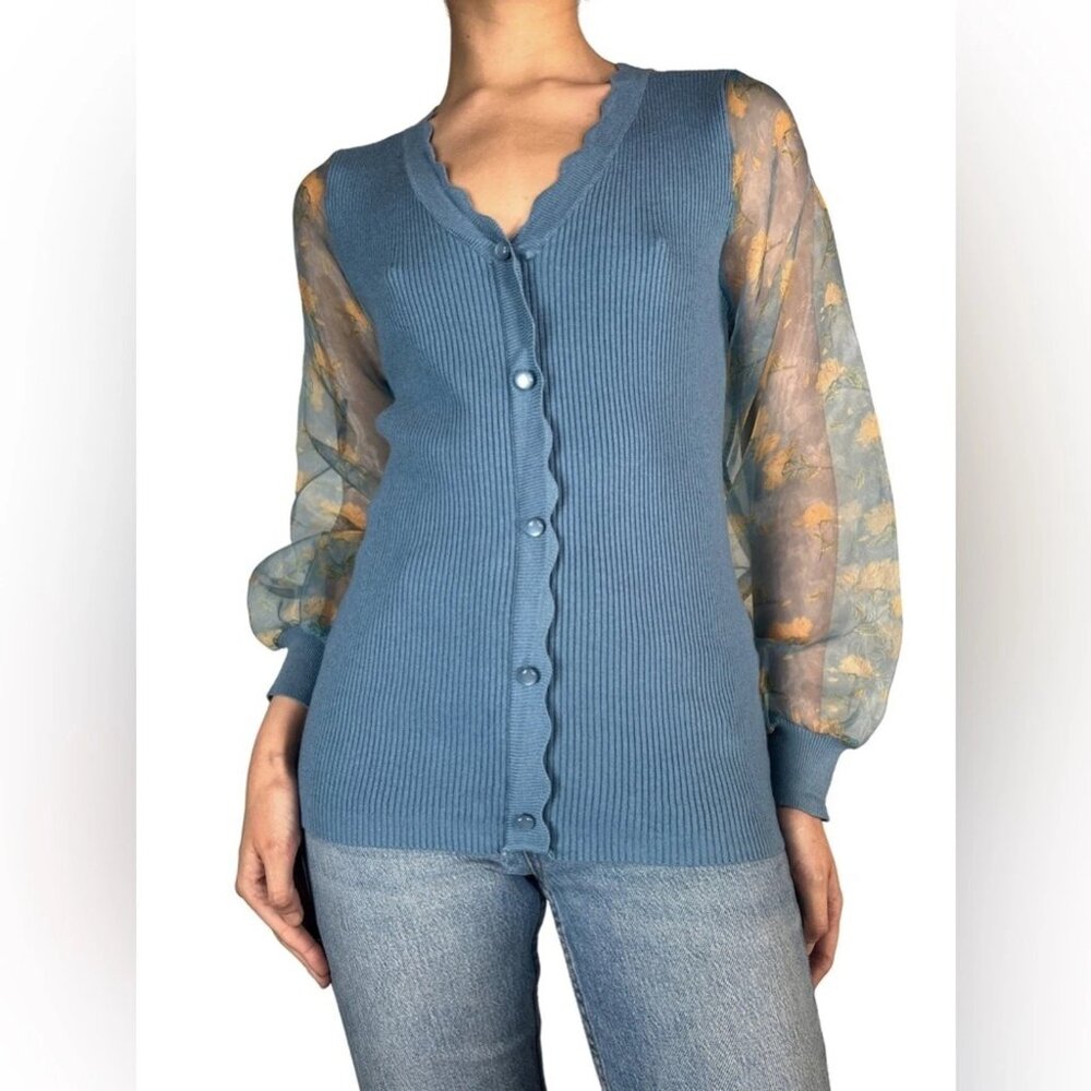 Sioni Cardigan Sweater Button Front Ribbed Sheer Floral Sleeves Blue Medium